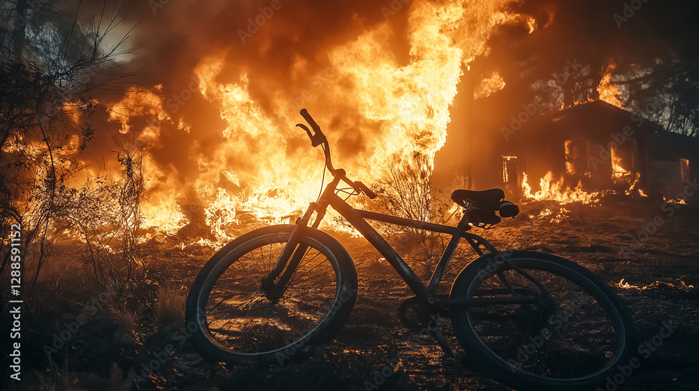 Obraz premium A charred bicycle lying on the lawn of a burning home, with swirling smoke and bright flames in the background