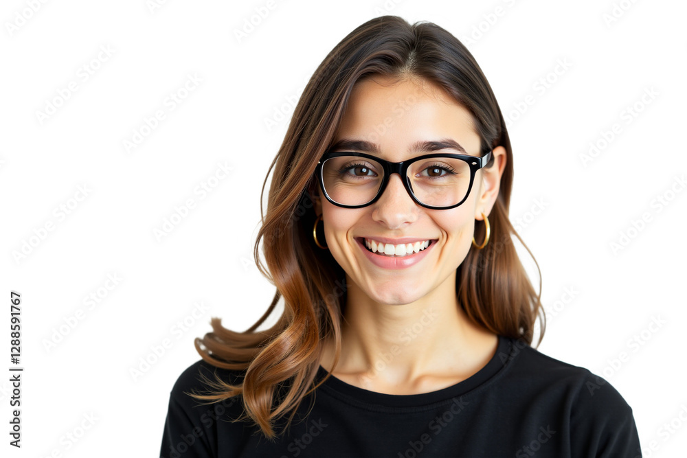 Professional headshot of a smiling young woman with glasses. Cheerful and approachable portrait, studio shot with diffused lighting, isolated on transparent background. Professional headshot of a smiling young woman with glasses. Cheerful and approachable portrait, studio shot with diffused lighting, isolated on transparent background.
