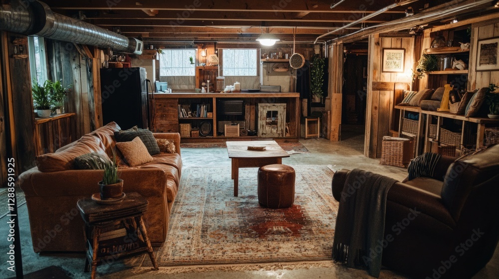 Obraz premium Cozy Basement Space with Leather Sofa and Rustic Decor