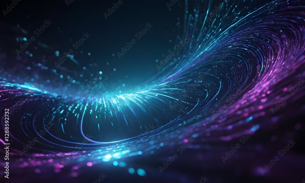 Fototapeta premium Light swirls and particles in digital style on dark background. Concept of energy, technology, and movement