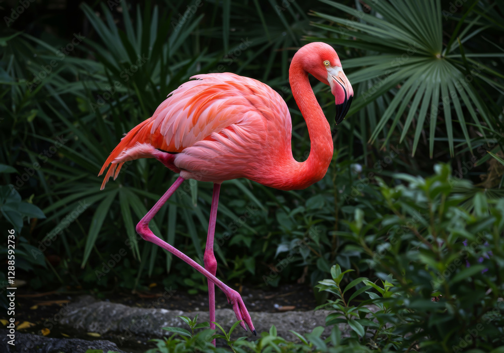 Vibrant flamingo stands gracefully amidst a backdrop of tropical foliage Vibrant flamingo stands gracefully amidst a backdrop of tropical foliage