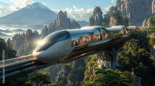 Futuristic Transport Technology: High-Speed Train Over Scenic Mountain Landscape with Lush Vegetation