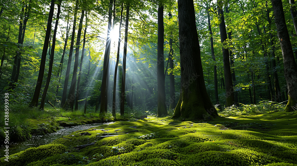 Obraz premium Tranquil Forest with Sunlight Filtering Through Trees