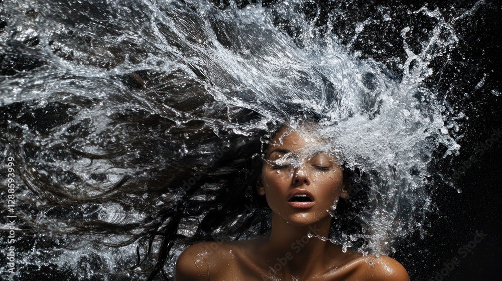 Fototapeta premium Woman, water splash, dark background, hair, beauty, advertising