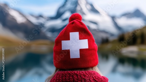 A traveler in a red Swiss hat admiring a stunning mountain landscape by a serene lake.