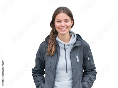 Portrait of a Smiling Young Woman Wearing a Gray Jacket Outdoors on a Cloudy Day