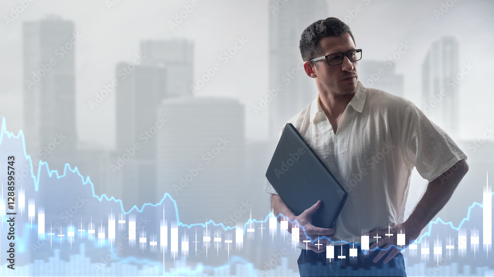 Investment charts around business man. Guy investor near skyscrapers. Man works as financier in corporation. Traders involved in investing in stock market. Portrait investor with laptop looking away Investment charts around business man. Guy investor near skyscrapers. Man works as financier in corporation. Traders involved in investing in stock market. Portrait investor with laptop looking away