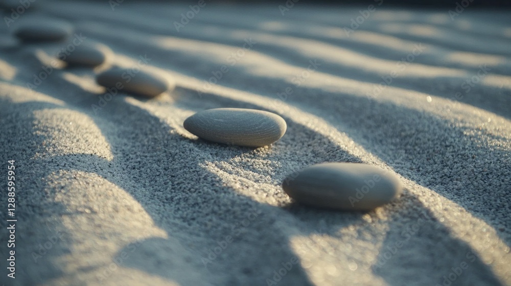 Smooth Pebbles on Soft Sand with Gentle Shadows at Sunrise Smooth Pebbles on Soft Sand with Gentle Shadows at Sunrise