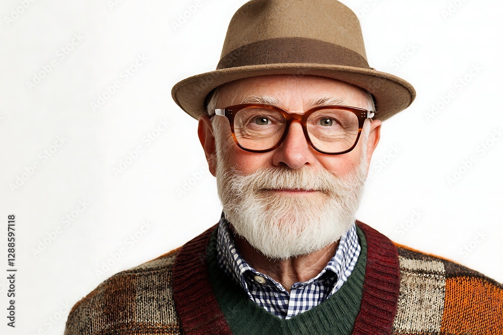 A stylish elderly man with a white beard, wearing glasses and a hat, smiles confidently against a plain background. A stylish elderly man with a white beard, wearing glasses and a hat, smiles confidently against a plain background.