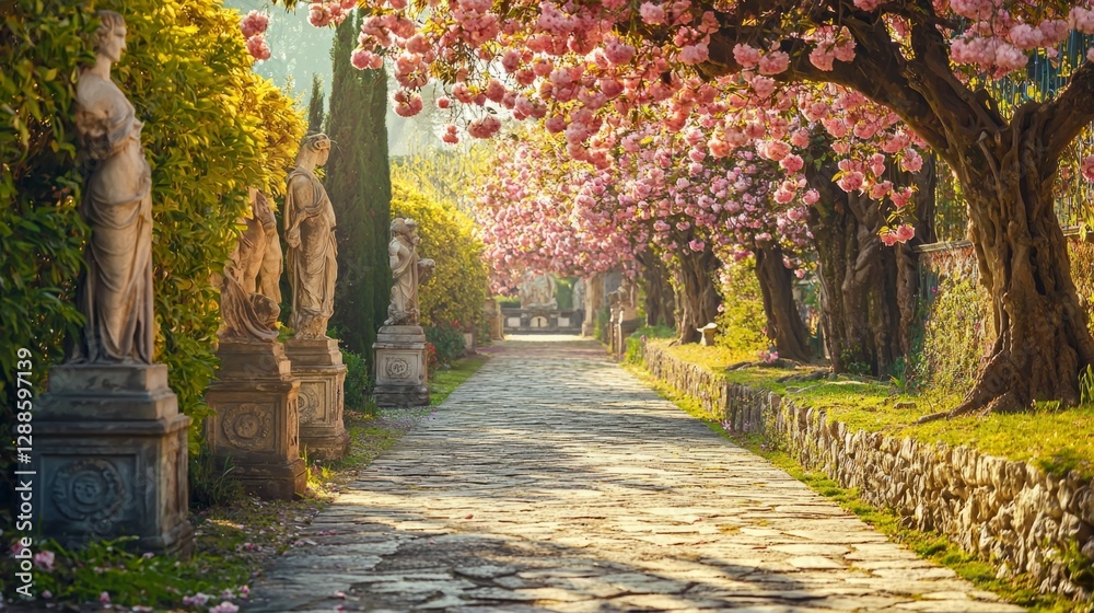 Naklejka premium Serene Garden Pathway with Cherry Blossom Trees and Statues
