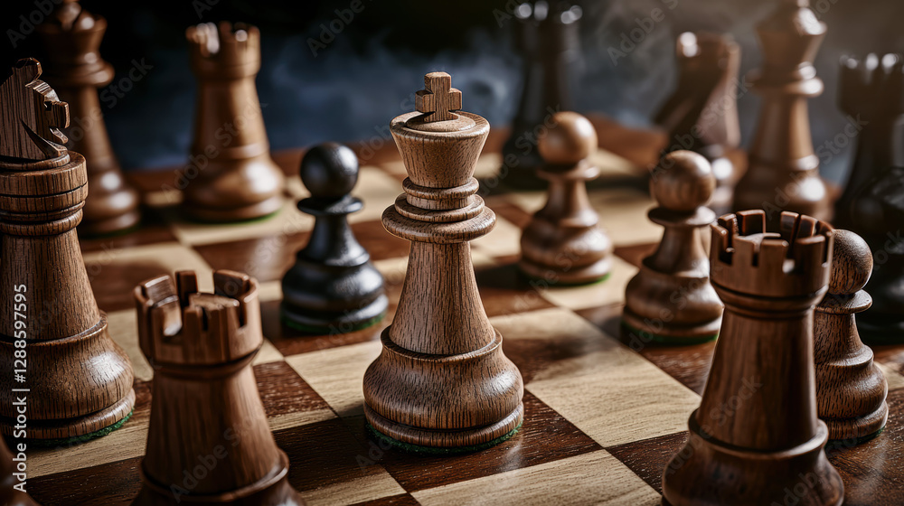 Fototapeta premium close up of wooden chess set mid game, showcasing intricate pieces and strategic play