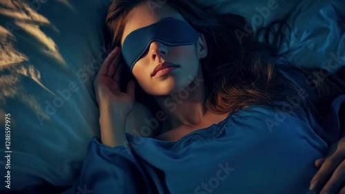 Relaxing woman prepares for sleep wearing a sleep mask in a cozy bedroom at night