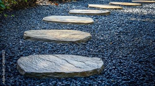 Pathway of Stone Slabs on Pebble Ground in Tranquil Garden Setting