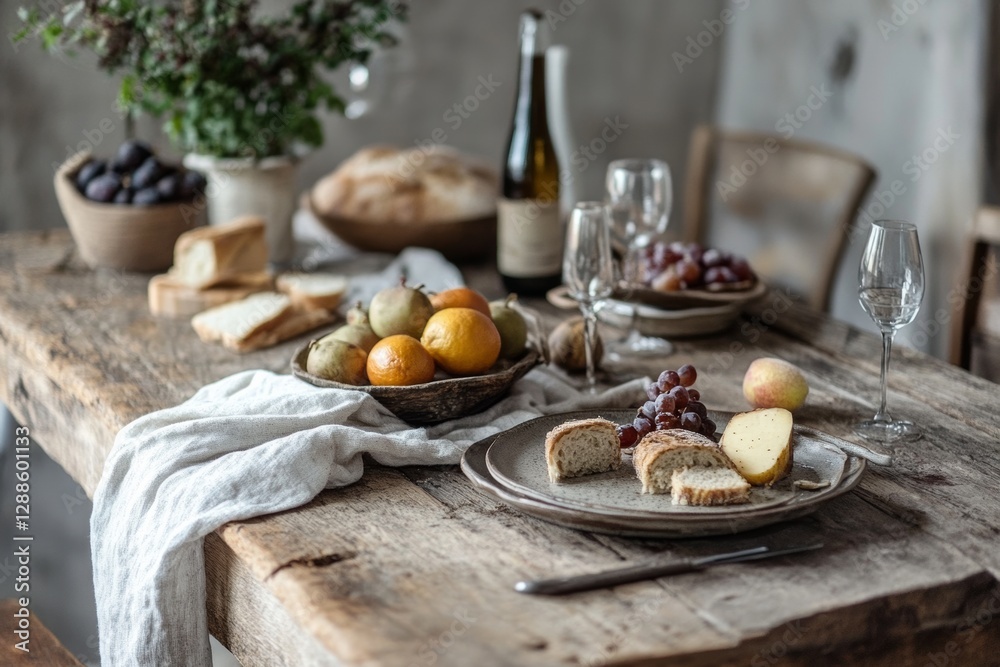 rustic table set with homemade food and natural decor, evoking the simplicity of slow living, minimal background with copy space rustic table set with homemade food and natural decor, evoking the simplicity of slow living, minimal background with copy space