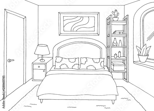 Bedroom graphic black white home interior sketch illustration vector 