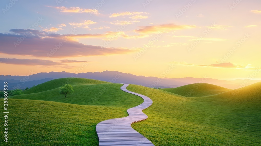 Fototapeta premium A serene landscape featuring a winding wooden path through lush green hills, bathed in a warm golden glow from the setting sun. goal of life achievement learning. success,