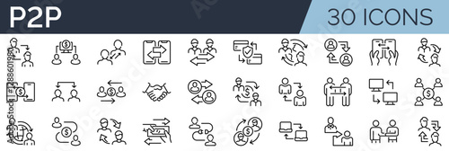 Set of 30 outline icons related to peer to peer. Linear icon collection. Editable stroke. Vector illustration