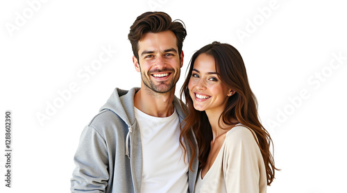 Happy young couple portrait. Smiling man and woman hugging, studio shot. Isolated cutout on transparent background. Great for dating, relationship, lifestyle themes.