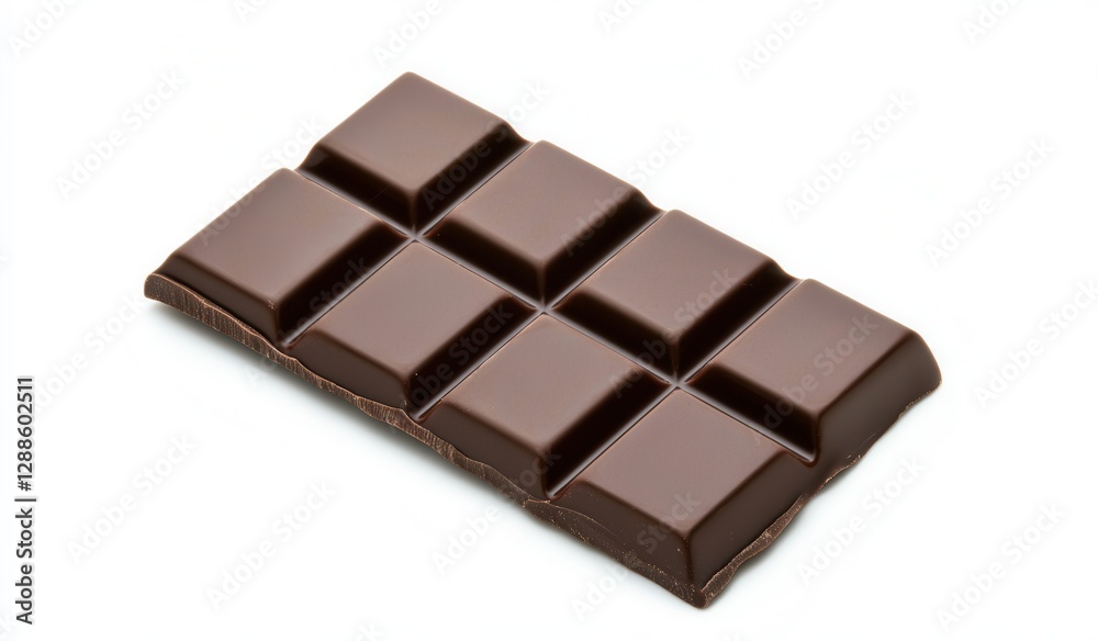 Smooth dark chocolate bar with rectangular segments on white background Smooth dark chocolate bar with rectangular segments on white background