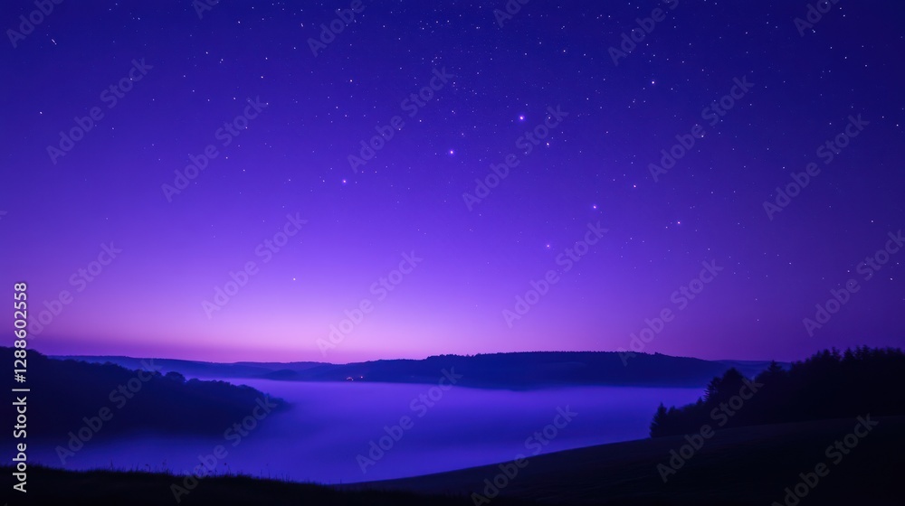 Fototapeta premium Starry Night Foggy Valley Landscape