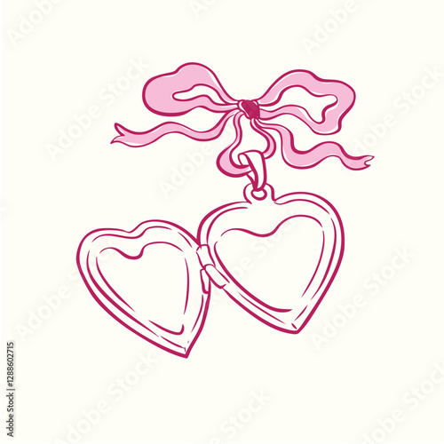 Hand drawn heart locket with pink bow aesthetic coquette style clip art