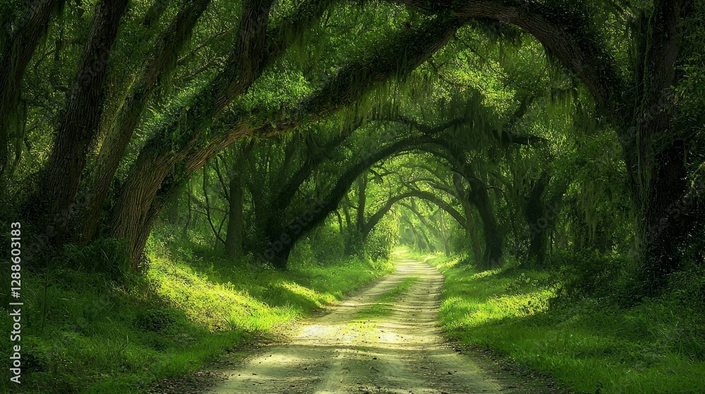 Obraz premium Serene Pathway Through Lush Green Forest Canopy at Daytime