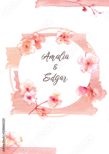 Spring background. Wedding invitation or greeting card design template with watercolor flowers and copy space