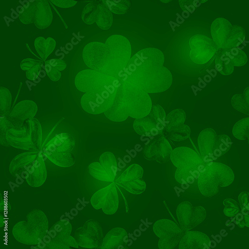 Seamless watercolor pattern for St Patrick's day, shamrocks and a four leaf clover, abstract background texture, hand drawn illustration in dark green