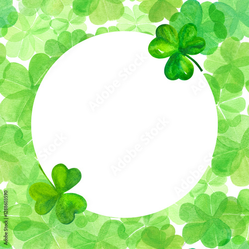 Happy St Patrick's Day frame design with green watercolor shamrocks and a four leaf clover, with copy space