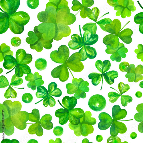 Seamless watercolor pattern for St Patrick's day, green Irish shamrocks and clovers, abstract wallpaper, hand drawn, on a white background