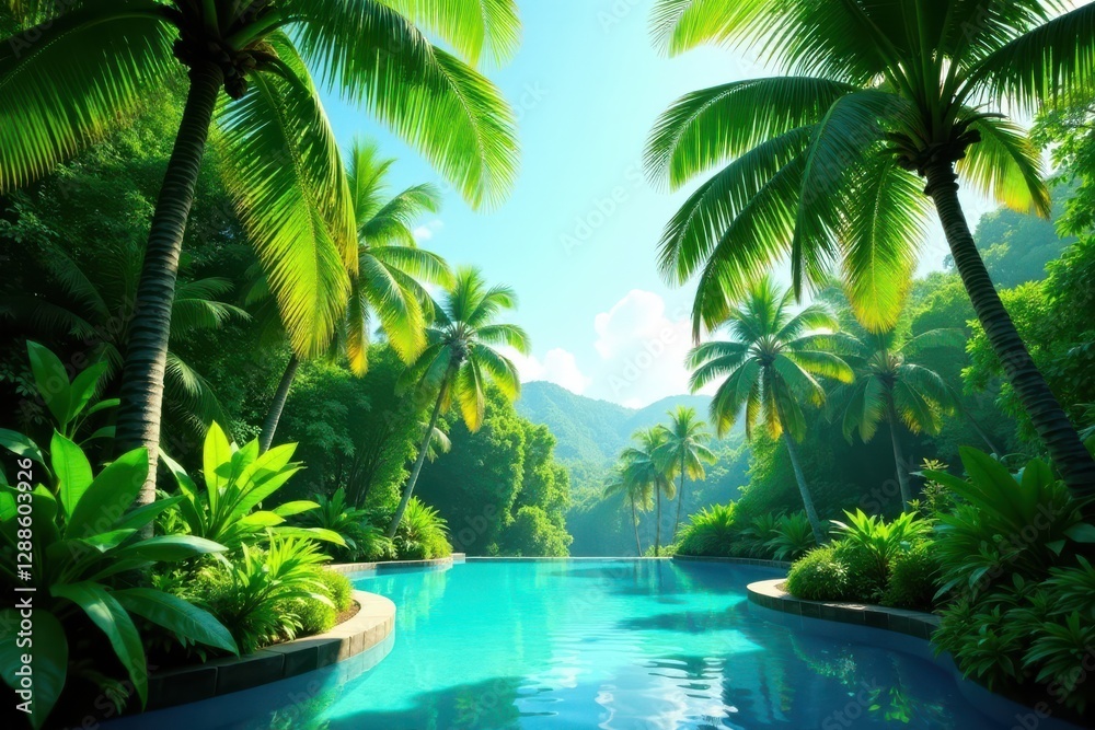 Fototapeta premium Tranquil Infinity Pool Surrounded by Lush Tropical Foliage and Towering Palm Trees