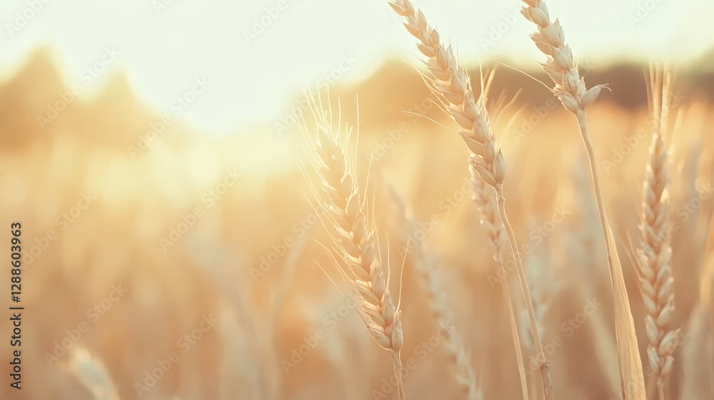 Fototapeta premium Ripe wheat ears glow in the golden light of the setting sun, creating a serene and picturesque scene of a bountiful harvest in a vast wheat field