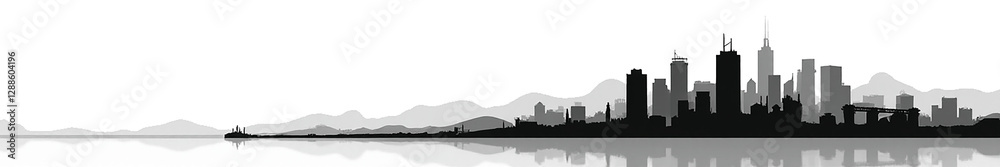 Stylized silhouette of a modern skyline reflected in calm waters, featuring mountains in the background. Stylized silhouette of a modern skyline reflected in calm waters, featuring mountains in the background.