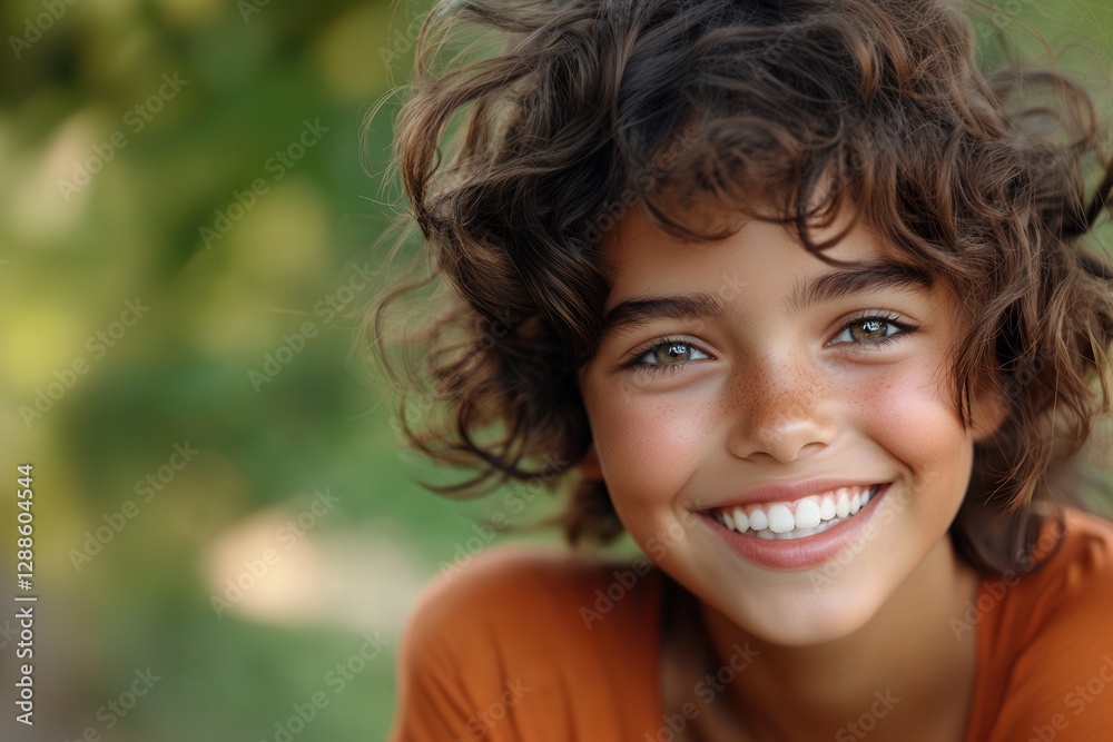 Smiling young caucasian girl with curly hair and freckles outdoors Smiling young caucasian girl with curly hair and freckles outdoors