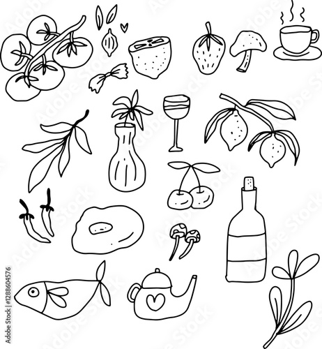 Line drawings about food, fruit, and various equipment.