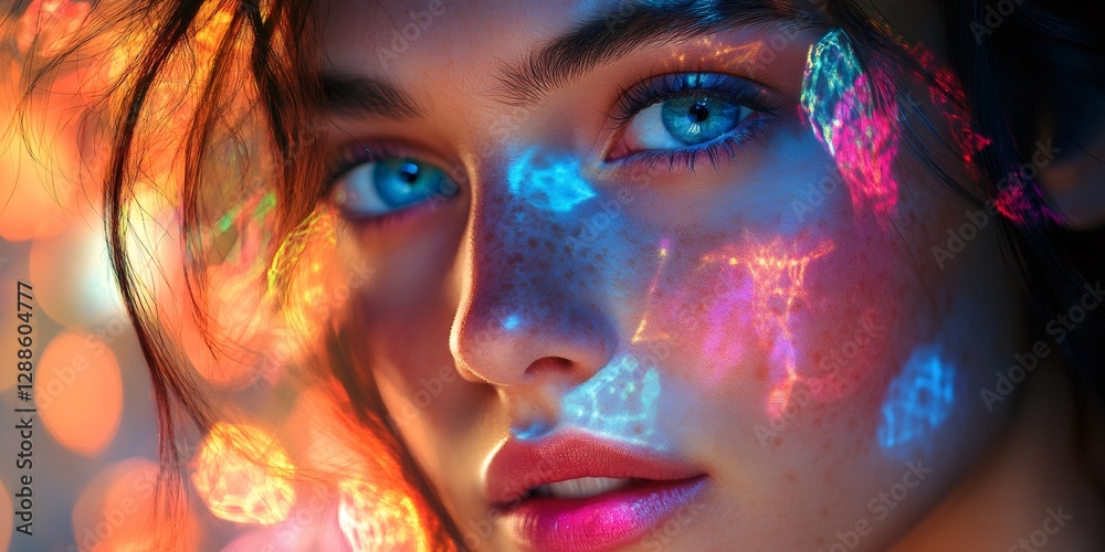 Obraz premium Woman showing colorful polygonal shapes projected on her face