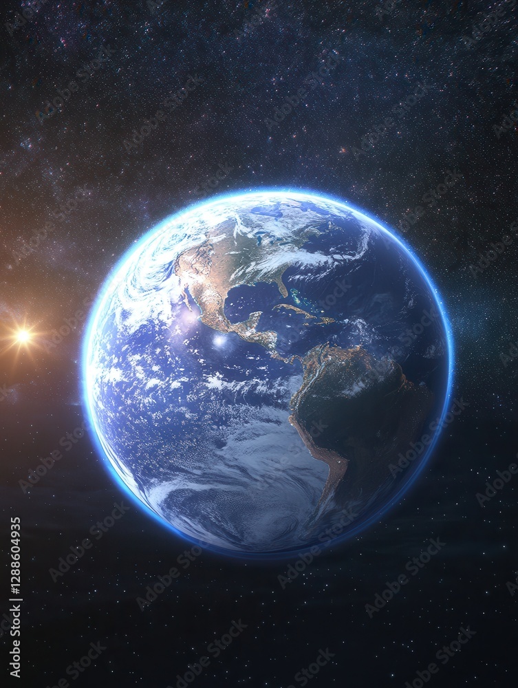 Stunning view of earth from space with sunlight and stars Stunning view of earth from space with sunlight and stars