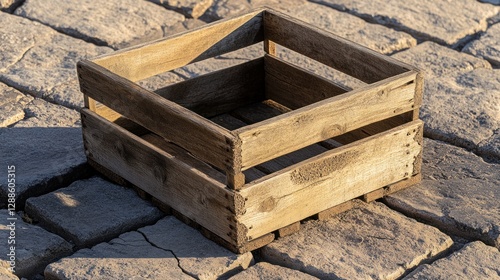 Empty wooden crate outdoors on stone pavement, sunlight