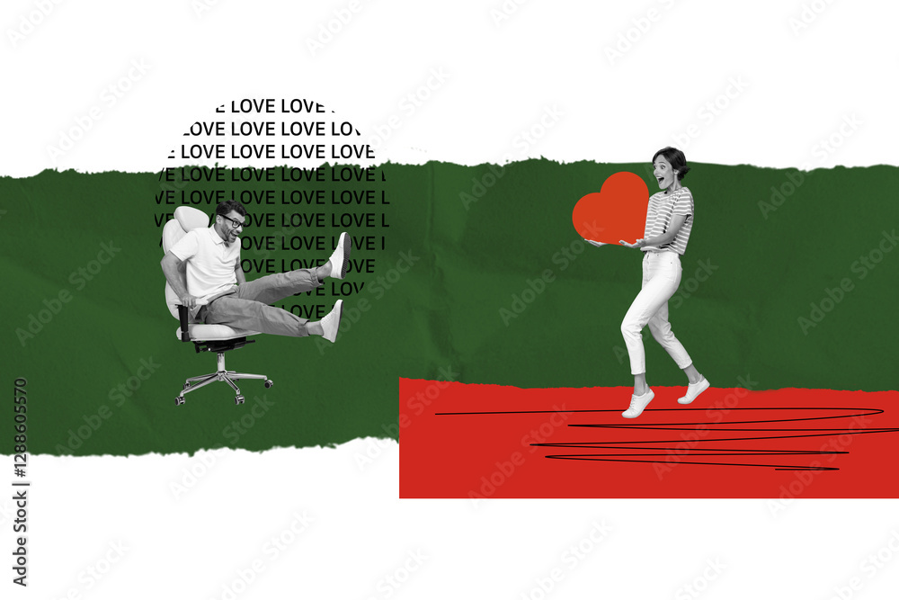 Fototapeta premium Horizontal funny photo collage of excited girl carry big heart for her lover man sit on chair shocked impressed valentine day greeting