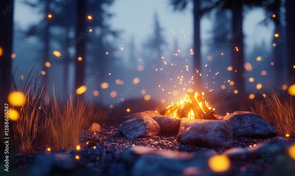 Obraz premium Campfire in misty forest at dusk with fireflies, ideal for cozy nature scenes