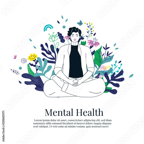 Mental health concept with meditates man. Young man doing breathing exercise, takes care of her mental well-being. Awareness, mindfulness and No stress. For flyer, banner, social media post, ads