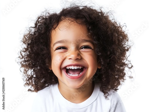 Joyful mixed-race child with curly hair laughing brightly in a realistic portrait isolated on white background. Expressive and cheerful mood.