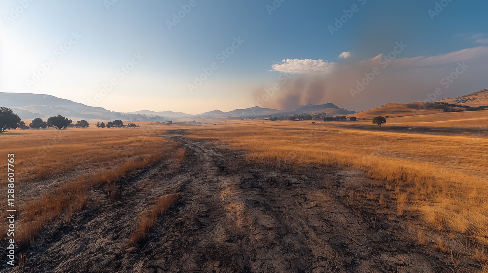 A panoramic view of a burnt valley, with patches of untouched greenery beginning to reclaim the landscape A panoramic view of a burnt valley, with patches of untouched greenery beginning to reclaim the landscape