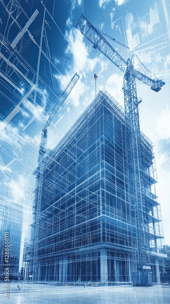 Fototapeta premium Construction site with cranes and blueprints visible