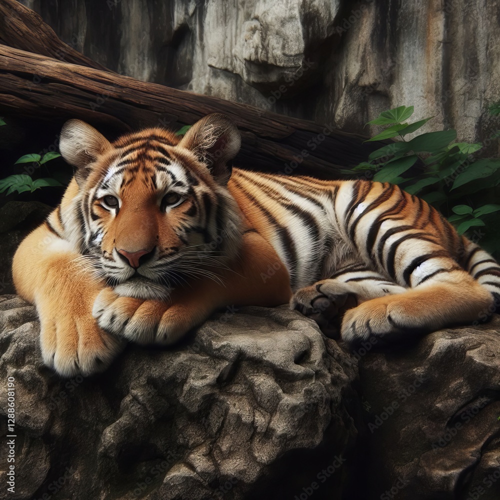 Obraz premium tiger lying down on a rock, positioned centrally in the frame. 