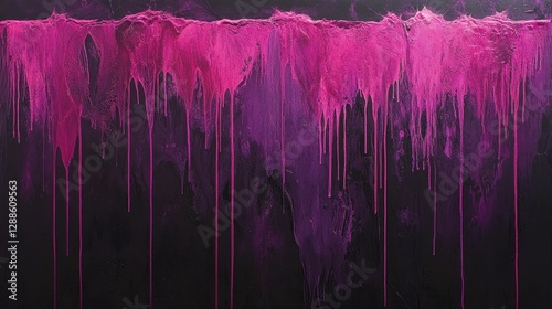 Abstract artwork featuring vibrant pink and purple paint dripping against a dark background