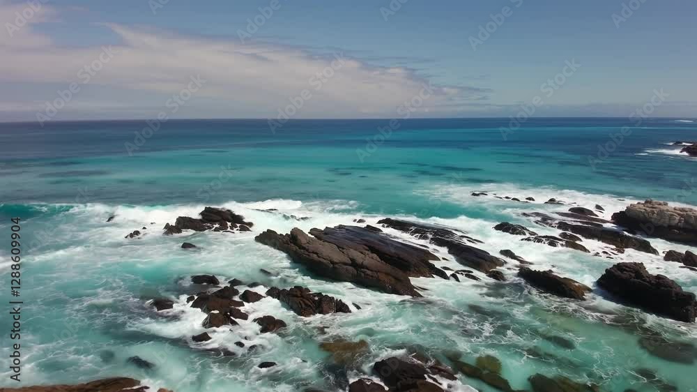 Aerial view of waves crashing over ocean coast rocks with crystal clear blue water at sunny morning in Caribbean, Generative AI Aerial view of waves crashing over ocean coast rocks with crystal clear blue water at sunny morning in Caribbean, Generative AI