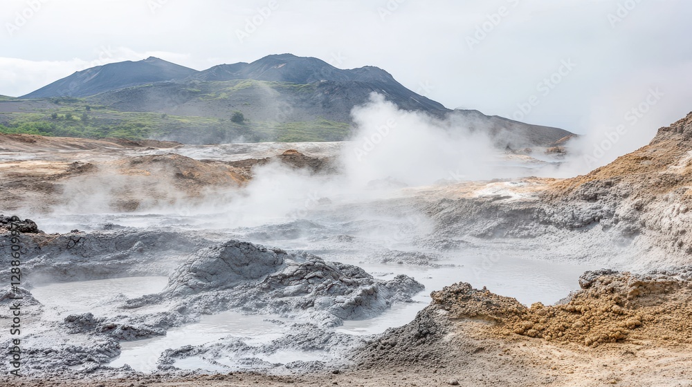 Steam Rising from Geothermal Area with Mountains in Background Steam Rising from Geothermal Area with Mountains in Background