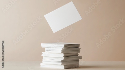 Stack of white paper with floating sheet against beige background in minimalist setting