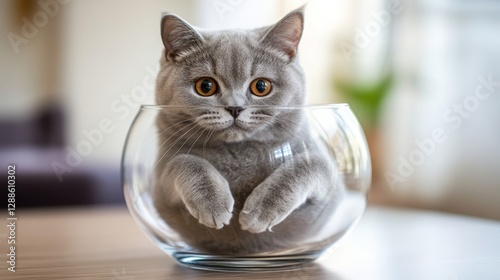 Grey British Shorthair Kitten in a Glass Bowl